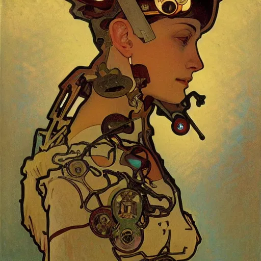 Image similar to portraits of cyborg soldiers, by Alphonse Mucha