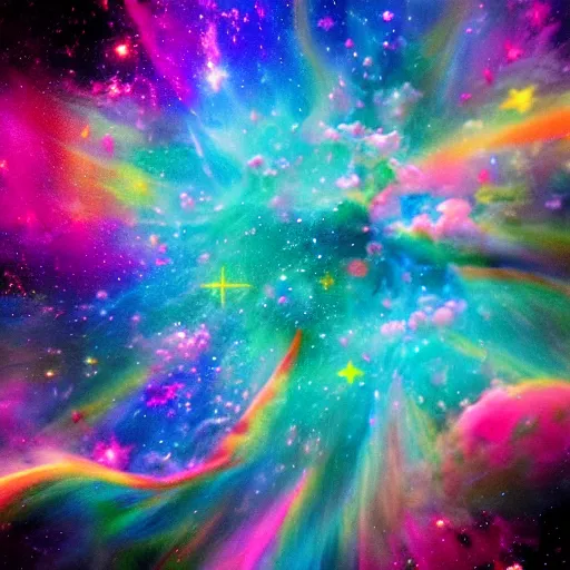 Prompt: whimsical cotton candy, rainbow colors, swirling smoke, starfield, nebula, iridescent, holographic, psychedelic, photoreal, octane render, 4k, award winning, trending on artstation