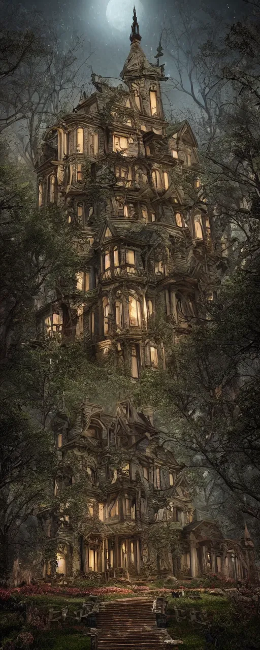 Image similar to A haunted Mansion in the middle of the woods at night during the Lunar Eclipse, evil, demonic, enchanting, angelic, flowers, nature, city, symmetry, environment concept, cinematic, Rendered in Octane, trending on artstation, cgsociety, moody lighting rendered by octane engine, environment 8K artstation, cinematic lighting, intricate details, 8k detail post processing, hyperealistic, octane render, photo realism, visually inspired by Stephen King