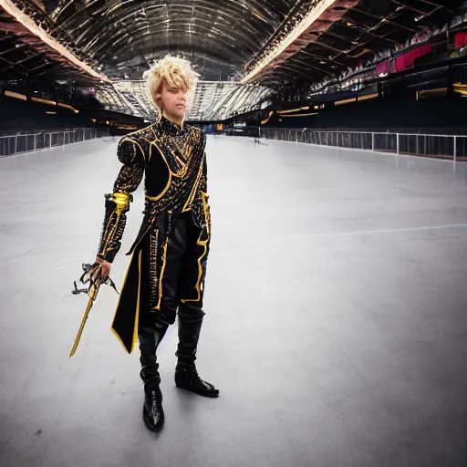 Image similar to Austin Butler dressed in futuristic-baroque duelist-garb and battle armor, standing in an arena, XF IQ4, f/1.4, ISO 200, 1/160s, 8K, RAW, unedited, symmetrical balance, in-frame