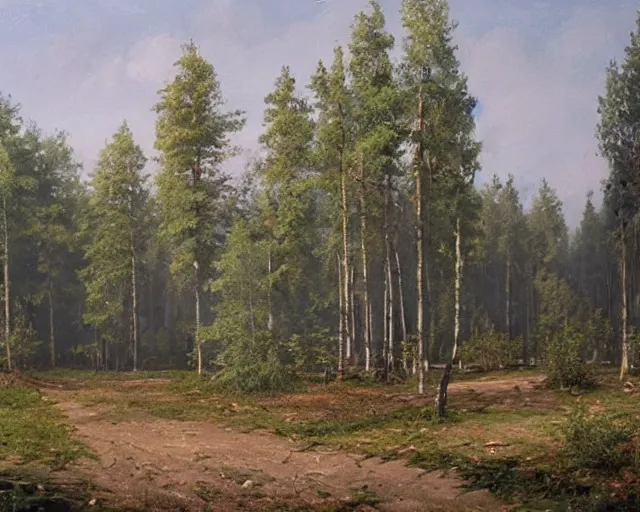 Image similar to beautiful matte painting of cute soviet block of flats hrushevka in end of forest by ivan shishkin,