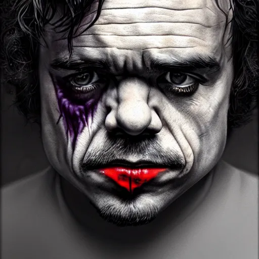 Image similar to peter dinklage as the joker, digital painting, extremely detailed, 4 k, intricate, brush strokes, mark arian, artgerm, bastien lecouffe - deharme