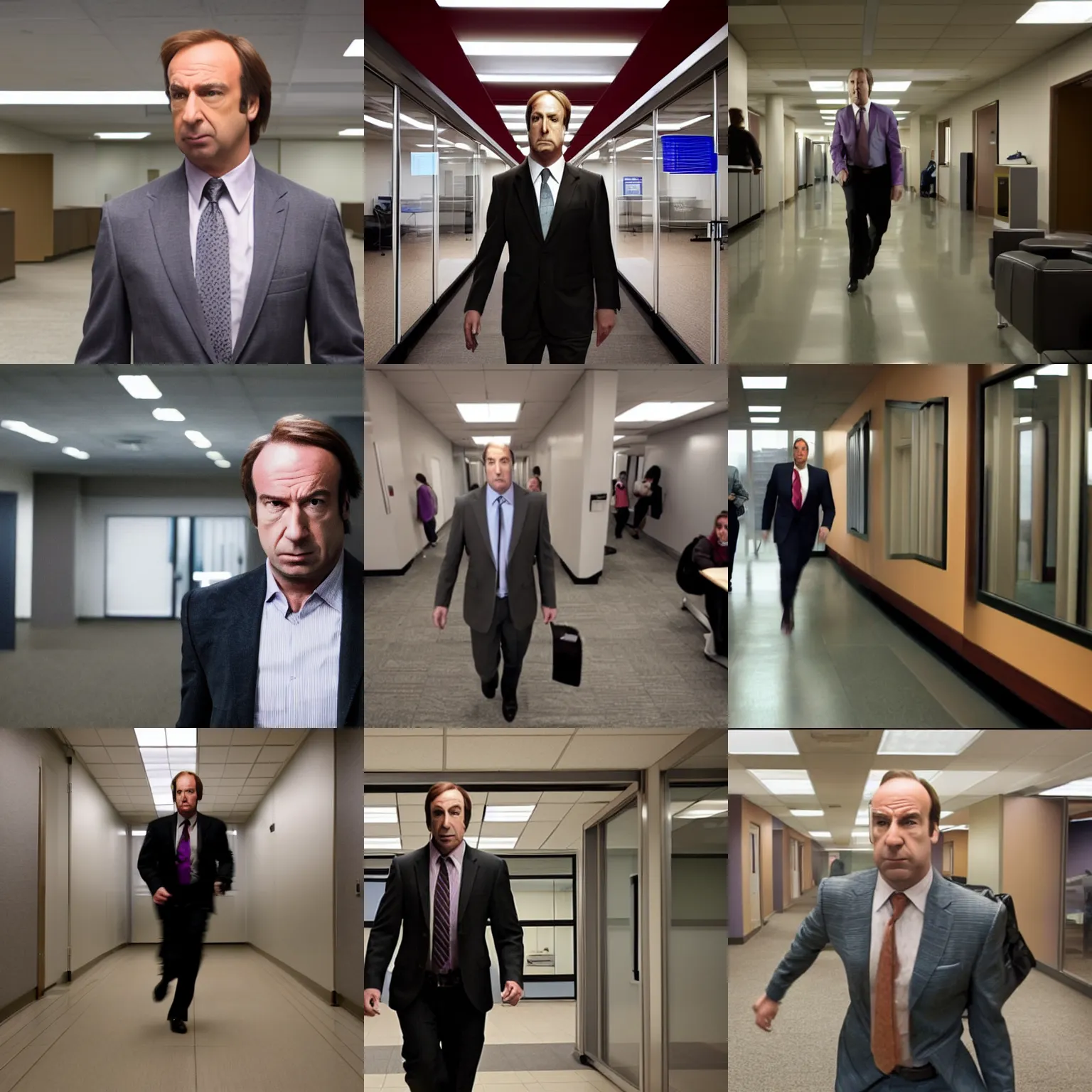 Prompt: pov : saul goodman chases you through endless office corridors, running, frantic