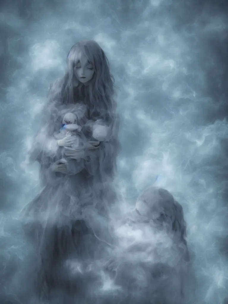 Prompt: cute fumo plush of a cursed frail witch girl held tight in the arms of a translucent ghost mother, hugging and cradling, anime, eerie pretty melting volumetric smoke and fog, dark environment map pbr reflective stormy water, gothic maiden, bokeh, vignette, vray