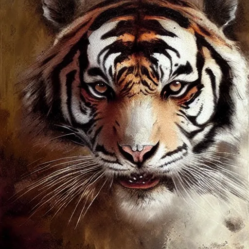 Prompt: gothic tiger by Greg Rutkowski, oil on canvas