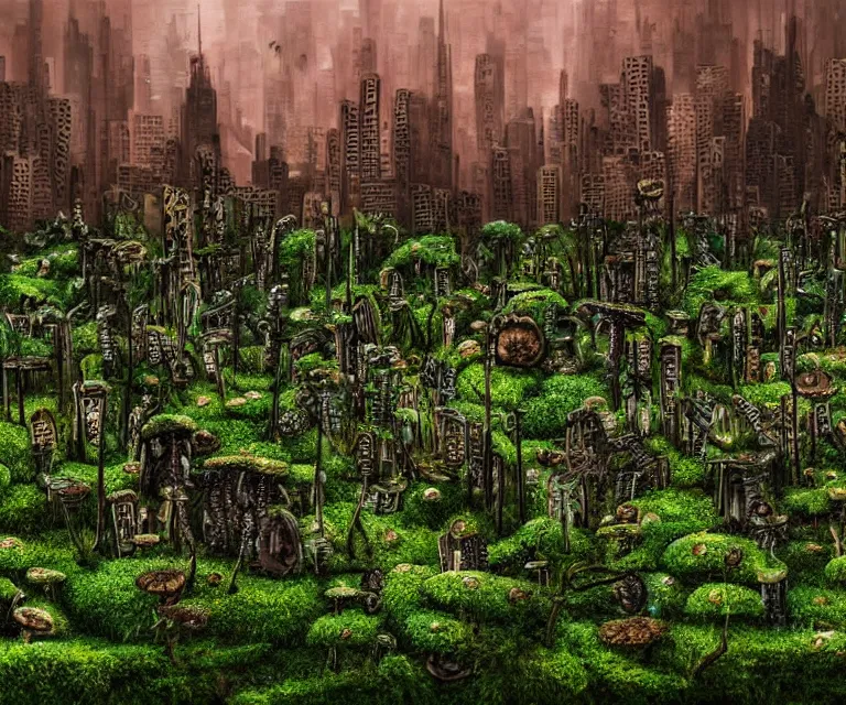 Prompt: a cityscape made of mushrooms, moss, mold, and vines in the style of anti - art trending on artstation deviantart pinterest detailed high resolution hd 8 k