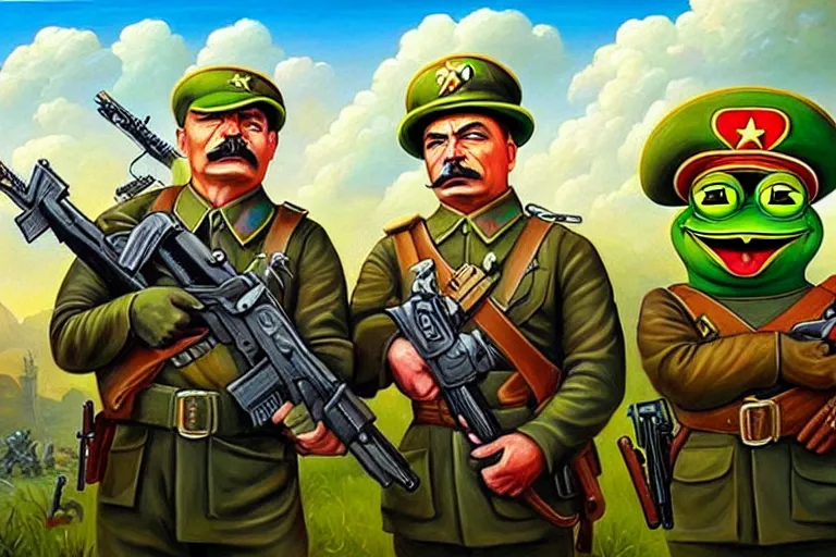 Image similar to portrait of pepe the frog and josef stalin with guns fighting a drug cartel, an oil painting by ross tran and thomas kincade