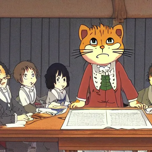 Image similar to anime garfield signing the declaration of independence, hayao miyazaki studio ghibli