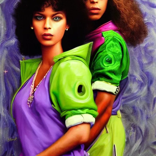 Image similar to a highly detailed painting. 1987-era Prince behind two beautiful twin sisters. Prince is green with jealousy. Photorealistic. Trending on Artstation.