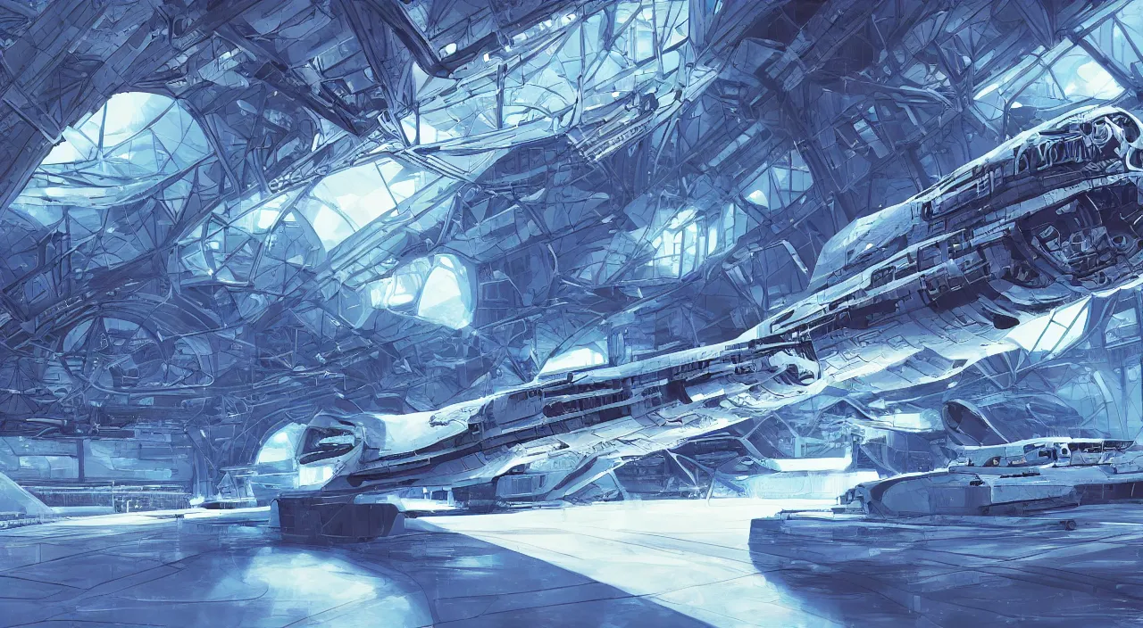 Image similar to digital illustration of a detailed spaceship in a hangar, sci fi, cold blue colors, trending on artstation