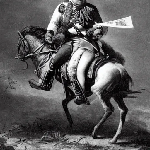 Prompt: Danny DeVito in Napoleonic officer's uniform, riding on horseback in a battlefield