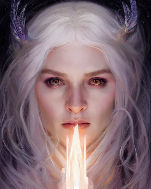 Image similar to realistic portrait of a beautiful white witch, crafting spells, bright witch, beautiful face, fantasy, chaos, magic, dark magic, dramatic lighting, intricate, wild, highly detailed, digital painting, artstation, concept art, smooth, sharp focus, illustration, art by artgerm and greg rutkowski and alphonse mucha, footage from space camera