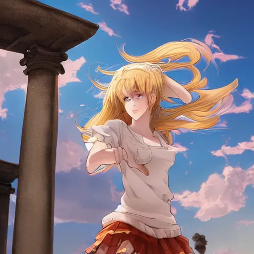 Image similar to blonde - haired princess, anime princess, wearing casual clothes, action pose, parkour, plaza, greco - roman pillars, golden hour, partly cloudy sky, sepia sun, strong lighting, strong shadows, vivid hues, ultra - realistic, sharp details, subsurface scattering, intricate details, hd anime, 2 0 1 9 anime