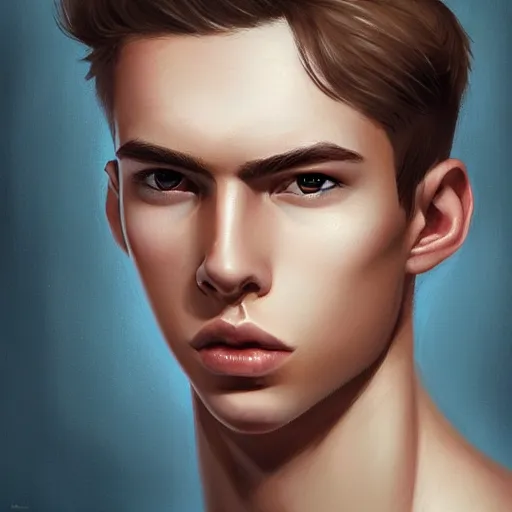 Prompt: 22 year old boy with brown blond short quiff hair and thin slightly round facial structure with cleft chin, bumpy nose, good definition of cheekbones, Alert brown eyes, narrow face, slim body, atmospheric lighting, painted, intricate, 4k, highly detailed by Charlie Bowater