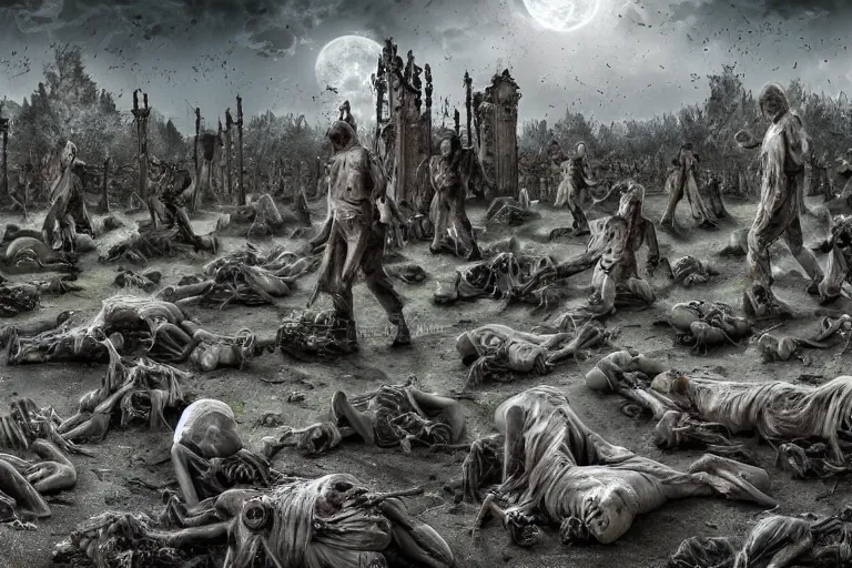 Prompt: an army of reanimated corpses breaks everything around in a cemetery, corpses come to life, tombstones, dark night, full moon, highly detailed digital art, photorealistic