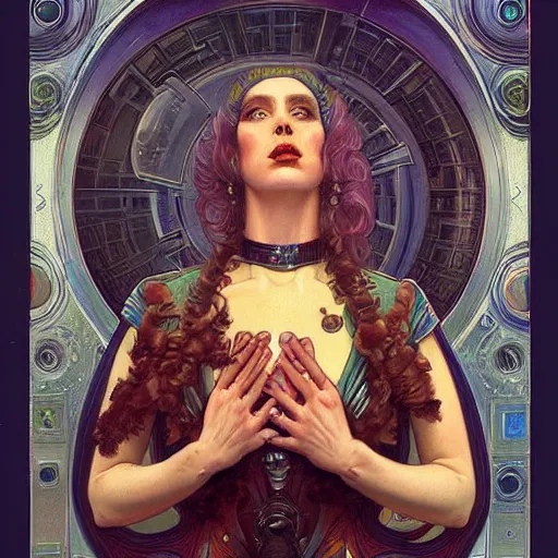 Prompt: a retrofuturist painting in the style of donato giancola, and in the style of tom bagshaw, and in the style of alphonse mucha. symmetry, smooth, sharp focus, semi - realism, intricate detail.