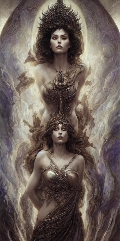 Image similar to goddess, masterpiece , cinematic, powerful, moon beams dramatic light, highly, intricate elements, hollow souls, detailed, digital painting, artstation, concept art, sharp focus, illustration, dynamic by Edgar Maxence and Ross Tran and Michael Whelan art by Livia Prima and Tom bagshow and Mitch Foust, Frank frazetta