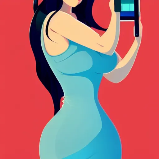 Image similar to beautiful curvy woman with long black hair, tanned skin, taking a selfie. clean cel shaded vector art. shutterstock. behance hd by lois van baarle, artgerm, helen huang, by makoto shinkai and ilya kuvshinov, rossdraws, illustration,