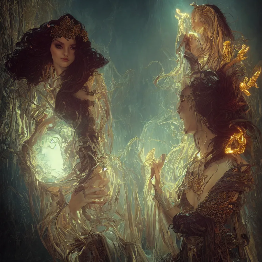 Image similar to Beautiful Evil Necromancer Sorceress, fantasy magic, dramatic lighting, golden hour, close to night, intricate, elegant, sharp focus, illustration, highly detailed, digital painting, concept art, matte, art by WLOP and Artgerm and Greg Rutkowski and Alphonse Mucha, masterpiece