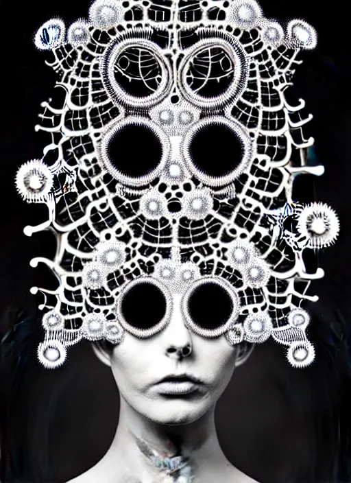 Image similar to surreal black and white photo portrait of complex bio-mechanical beautiful young female vegetal-cyborg with a Mandelbrot fractal steampunk metal fine lace face, a very long neck and a fine metal floral foliage super big lace collar by Alexander McQueen:: high fashion, haute couture, rococo, steampunk, silver filigree details, anatomical, facial muscles, cable wires, microchip, elegant, dreamy, foggy, hyper realistic, 150 mm lens, soft rim light, octane render, unreal engine, picture was taken in 1910 by Dora Maar, volumetric lighting, dramatic light,8k,