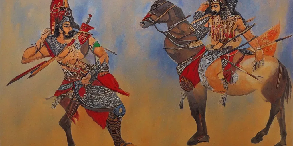 Image similar to persian warrior painting, hd, smooth, canvas, clear, sharp focus