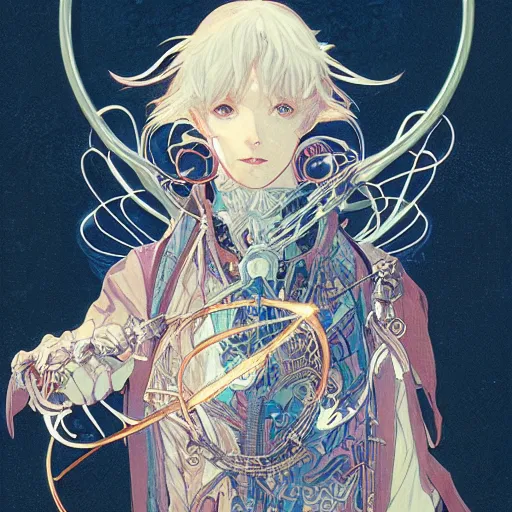 Image similar to detailed portrait of cyberpunk wizard, wizard magic staff, casting a spell, elite, elegant, concept art, intricate complexity, by shigenori soejima, krenz cushart, alphonse mucha, takato yamamoto, conrad roset, 4 k, beautiful, cinematic dramatic atmosphere