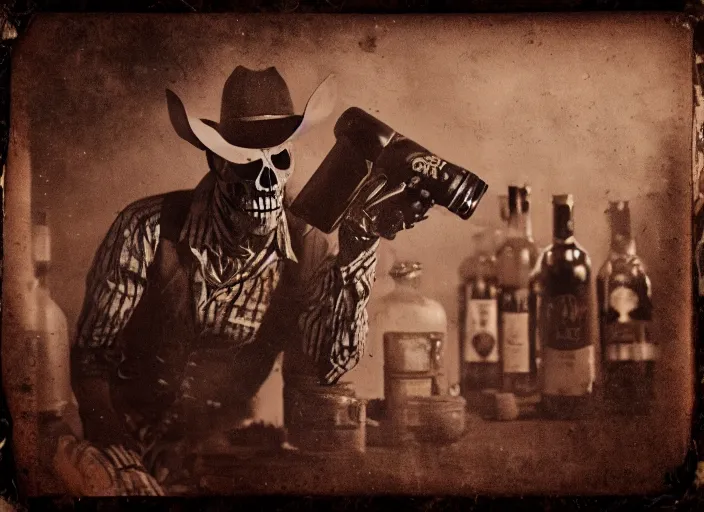 Prompt: hybrid pixar tintype photograph of a renegade skeleton cowboy outlaw at a busy saloon in the old west, holding a bottle of whiskey, wide angle, volumetric lighting, cinematic, bokeh, octane render