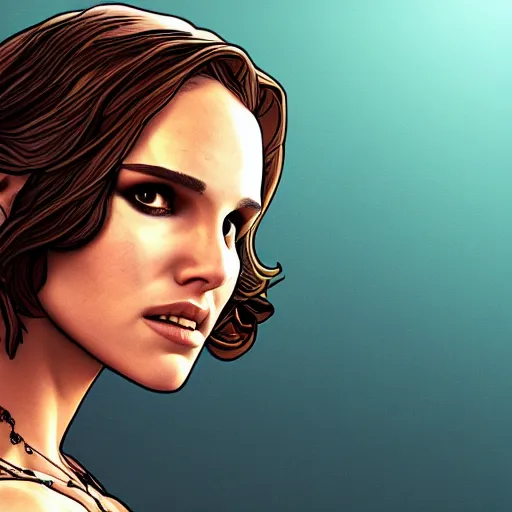 Image similar to natalie portman portrait, borderlands, tales from the borderlands, the wolf among us, comic, cinematic lighting, studio quality, 8 k