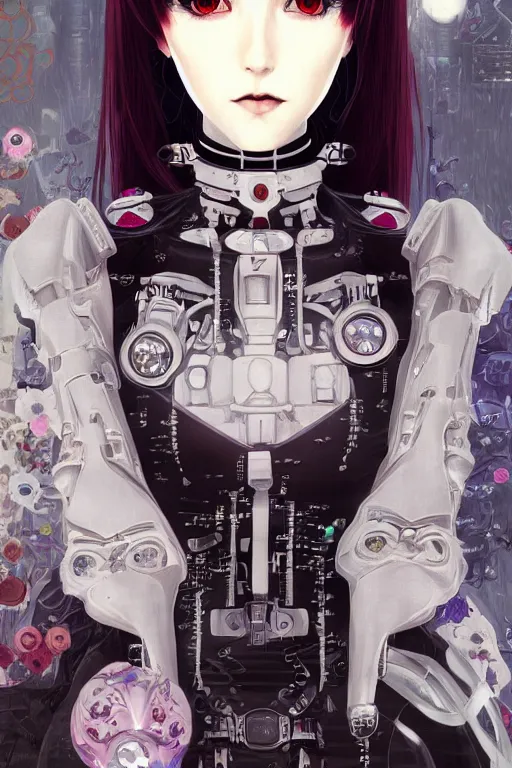 Image similar to portrait of beautiful young gothic cyborg anime maiden. Anime, cyberpunk, Warhammer, highly detailed, artstation, illustration, art by Ilya Kuvshinov and Gustav Klimt