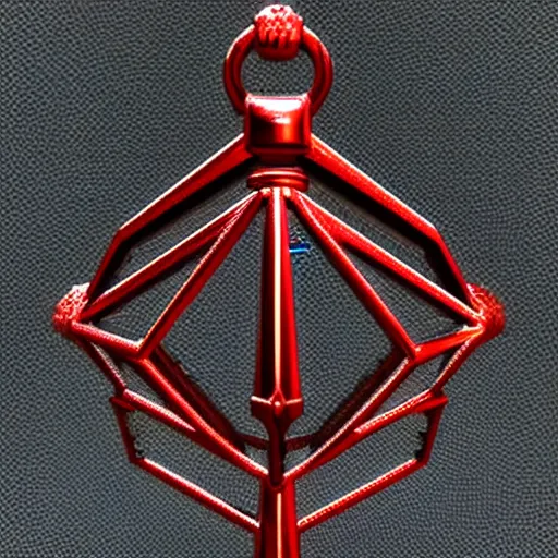 Image similar to a 3d game object of the metal key for the cage that has shape of the dragon and large red diamond in it, it is very detailed, on the white background, rpg game inventory item