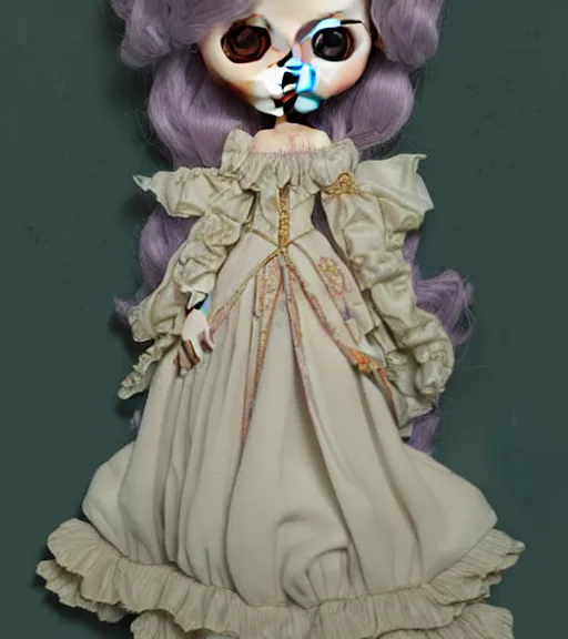 Image similar to portrait of a blythe doll in baroque dress design inspired by flower for fantasy world queen by atey ghailan, by greg rutkowski, by studio ghibli, by greg tocchini, by james gilleard, by joe fenton, by kaethe butcher, dynamic lighting, grunge aesthetic