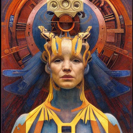 Image similar to the robot queen with her bird mask, by annie swynnerton and diego rivera and elihu vedder and jean delville, symbolist, dramatic lighting, elaborate geometric ornament, head and shoulders view, art brut, soft cool colors, smooth, sharp focus, extremely detailed, adolf wolfli, donato giancola, leo and diane dillon