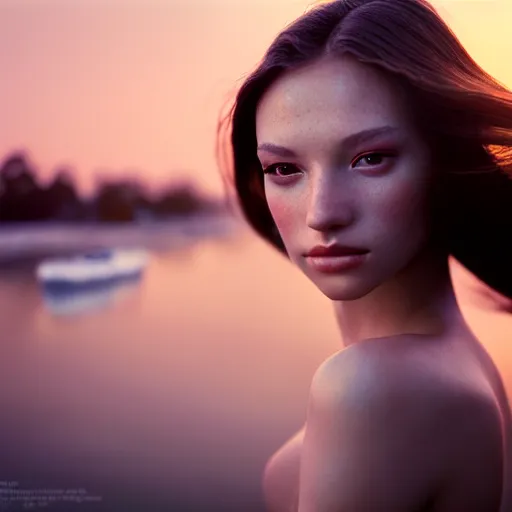 Prompt: photographic portrait of a stunningly beautiful female with translucent android skin, in soft dreamy light at sunset, beside the river, soft focus, contemporary fashion shoot, hasselblad nikon, in a denis villeneuve movie, by edward robert hughes, annie leibovitz and steve mccurry, david lazar, jimmy nelsson, hyperrealistic, perfect face