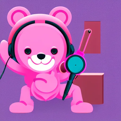 Image similar to iconic vector logo of cute cuddly pink bear with a podcast microphone, melodic, headphones, music, streaming, dreamy, isometric, adorable, octane render, golden ratio, 4k UHD, iconic design