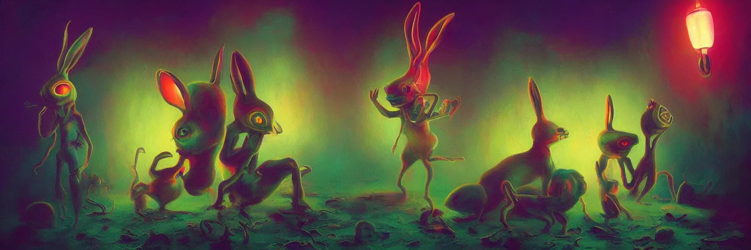 Image similar to strange alien bunny creatures from the depths of the collective unconscious, dramatic lighting, surreal darkly colorful painting by ronny khalil