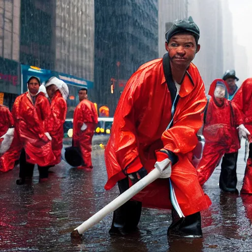 Image similar to closeup portrait of a group of cleaners fighting puddles traffic in rainy new york street, by Steve McCurry and David Lazar, natural light, detailed face, CANON Eos C300, ƒ1.8, 35mm, 8K, medium-format print