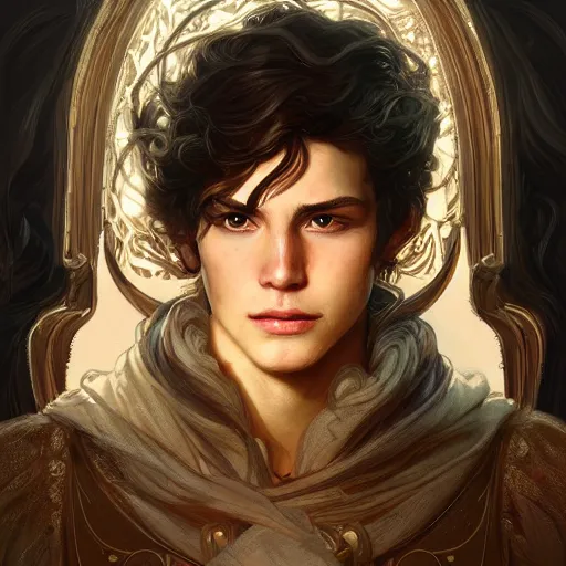 Image similar to portrait of the young male wizard of thunder, D&D, fantasy, intricate, elegant, highly detailed, digital painting, artstation, smooth, sharp focus, illustration, art by artgerm and greg rutkowski and alphonse mucha