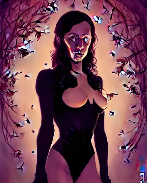Prompt: beautiful stella maeve magician, black magic spells, in the style of joshua middleton, rafeal albuquerque comicbook cover art, phil noto, creepy pose, spooky, symmetrical face and body, volumetric lighting, cinematic lighting, detailed realistic symmetrical eyes, insanely detailed and intricate elegant, autumn leaves