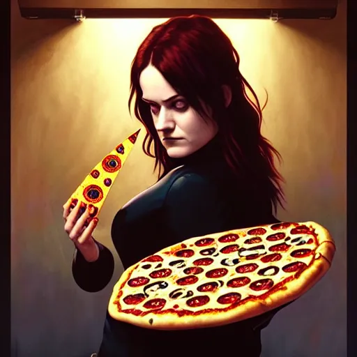 Prompt: portrait of teenage goth wynonna ryder flipping a pizza in the air in a dominos pizza, intricate, headshot, highly detailed, digital painting, artstation, concept art, sharp focus, cinematic lighting, illustration, art by artgerm and greg rutkowski, alphonse mucha, cgsociety