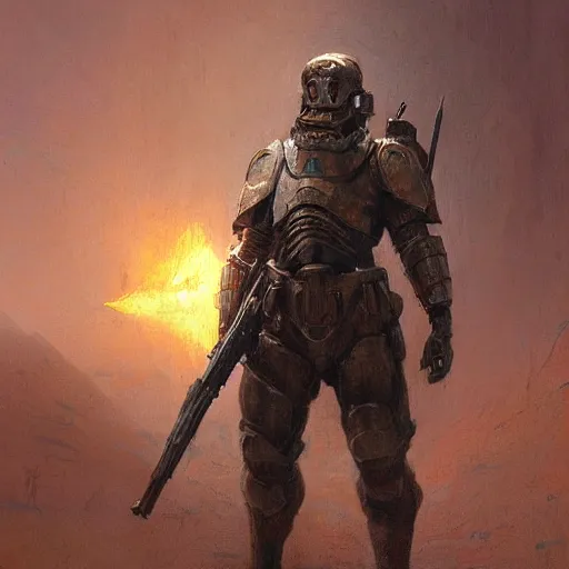 Prompt: portrait of handsome, haunted, brown - bearded far - future resistance fighter wearing partial byzantine power armor and shemagh carrying slender laser rifle with bayonet by greg rutkowski, beksinski, deak ferrand, anato finnstark, and rembrandt