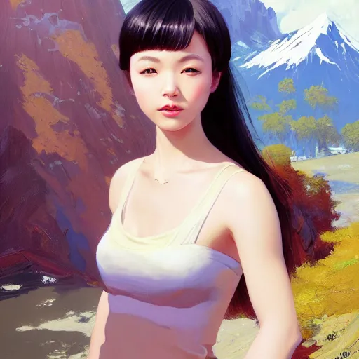 Prompt: oil painting by ilya kuvshinov,, baugh casey, artgerm craig mullins, sakimi, coby whitmore, of a youthful japanese girl, long hair, female warrior in the alps, highly detailed, otherworldly face, disney palace in background studio photography, noon, intense bounced light, water reflection, large tree casting shadow, by zack snyder