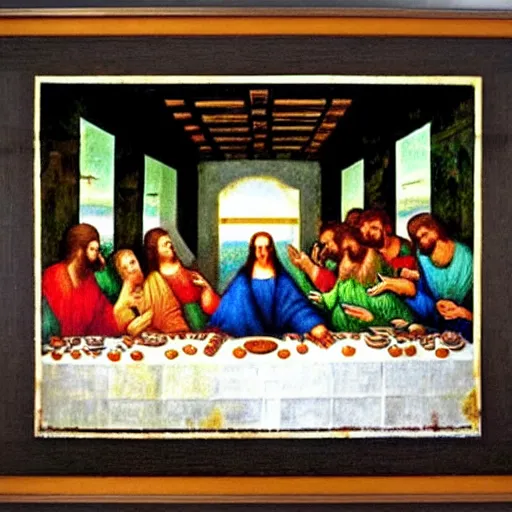 Image similar to a World War II Russian Soviet propaganda poster showing The Last Supper by Leonardo da Vinci