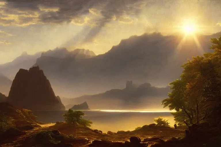 Prompt: sci-fi landscape, dramatic lighting, hudson river school painting, cinematic