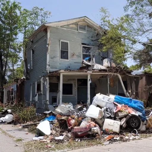 Image similar to a run down house with stacks of trash 1 0 feet high in front of the house. run down house is in a suburban neighborhood in america. broken and rusted golf cart in street in front of house