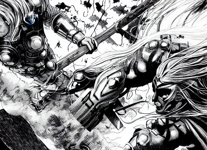 Image similar to thor with blond hair catches lightning and holds an ax in an epic battle with storm clouds with faces monsters by tsutomu nihei, black and white, epic battle background, comic, cinematic