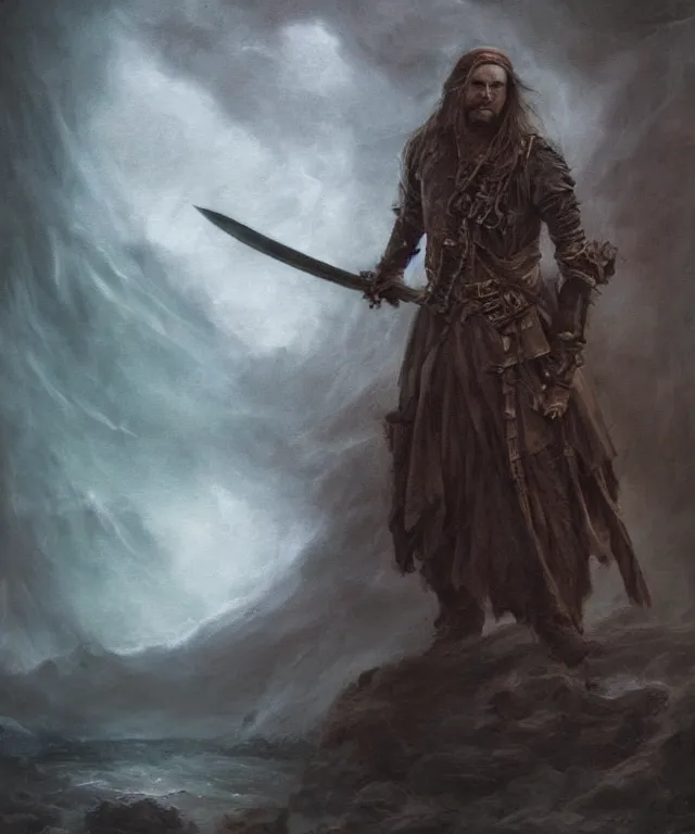 Image similar to ultra realistic color portrait painting of a tranparent 1 7 th century pirate ghost with a sword in a grotto, dark, painted, brooding, atmospheric, seascape, horror, smooth, epic, highly detailed, cinematic, by leesha hannigan, ross tran, thierry doizon, kai carpenter