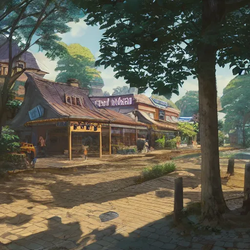 Image similar to concept art painting of a historic bakery with european and japanese architecture, in a woodland village surrounded by trees, realistic, detailed, cel shaded, in the style of makoto shinkai and greg rutkowski and james gurney