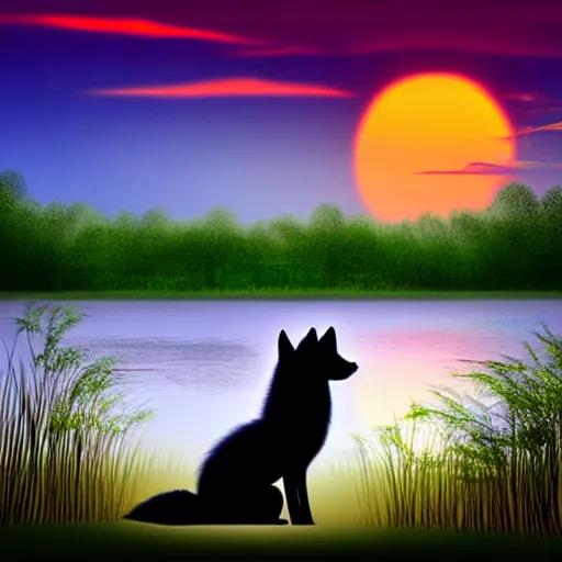 Image similar to view from behind of fluffy baby grey wolf sitting on the shore of a pond, looking out at a sunset, digital art, award winning stunning illustration