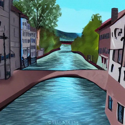 Image similar to digital art painting of a river running through a european town, very mediocre, not detailed at all.