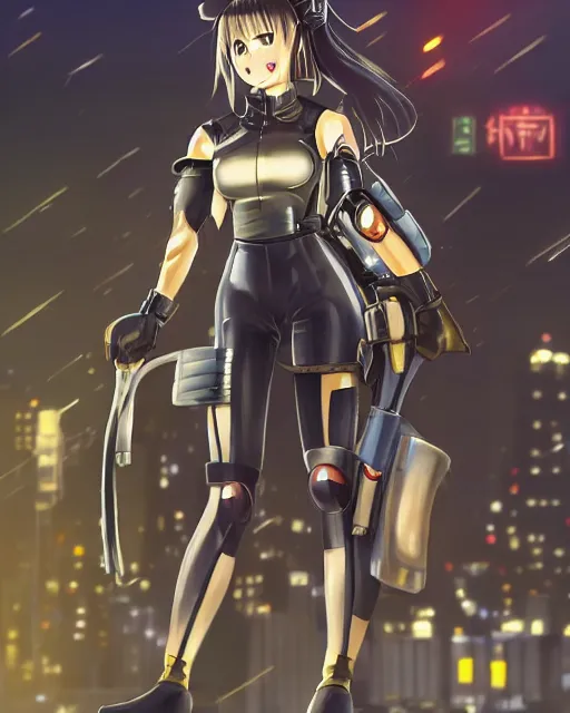 Image similar to full body image of anime girl in mechanic armor in night tokyo by makoto sinkai, perfect face, fine details